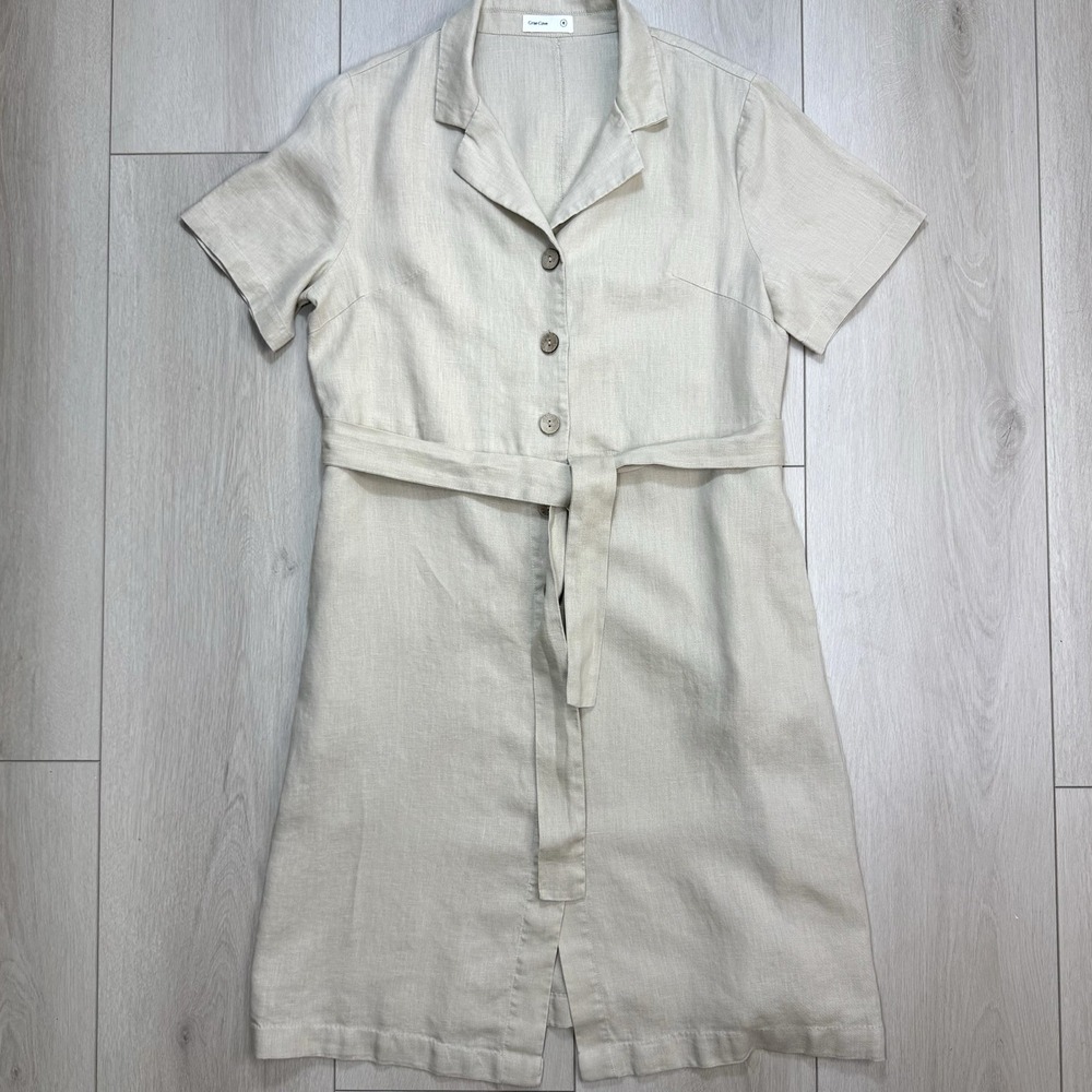 Grae Cove Women's Medium Beige 100% Linen Button Front Belted Midi Dress